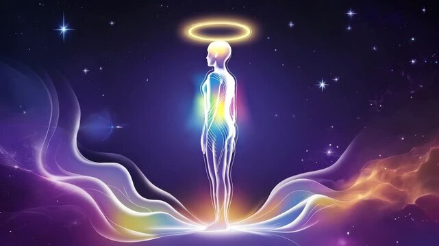 Experience inner peace and spiritual awakening with a vibrant human aura glowing in the cosmic night sky, symbolizing enlightenment and transformative energy.