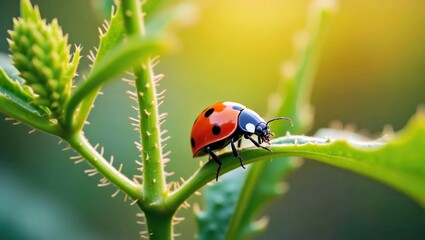 Ladybug red black spots on green thorn branch close-up in sunlight