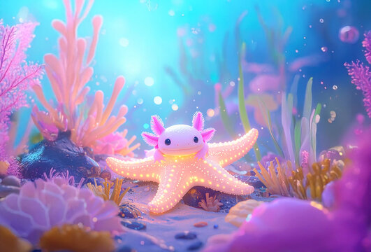 Cute Axolotl Resting on Glowing Starfish