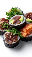 A colorful assortment of sushi rolls with tuna, shrimp, and avocado, elegantly arranged on a black plate, showcasing culinary artistry
