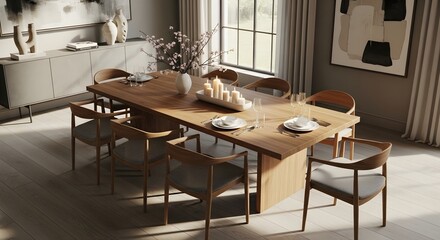 Serene Dining Room with Elegant Wood Table and Modern Accents, A Stylish Dining Space Featuring an Organic Aesthetic and Contemporary Design