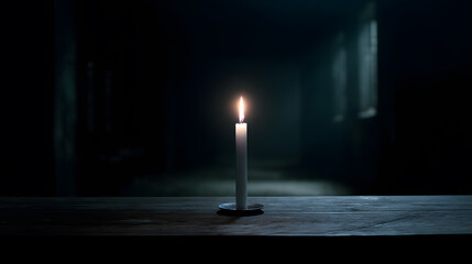Solitary Candle's Luminescence: In the engulfing darkness of a long, empty hallway, a single candle casts a warm, flickering light, illuminating a sense of mystery and anticipation.