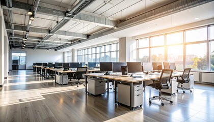 Sunlit Modern Office Workspace Industrial Chic Design with Exposed Pipes and Large Windows.