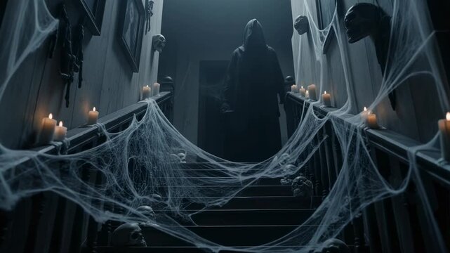 A ghostly figure at the top of a dark, spooky staircase in a haunted house. Halloween horror scene with candles, spiderwebs, and skulls.