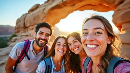 Four diverse smiling friends hiking outdoors nature rock arch sunny