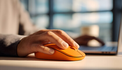 A person's hand using an orange computer mouse on a desk with a laptop in the background indoors