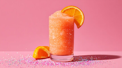 Frosted orange beverage with citrus garnish and sparkling confetti frozen drink orange slice