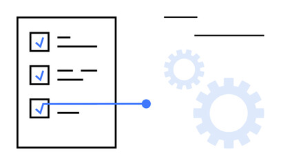 Checklist with three items, blue checkmarks, gear icons, and lines symbolize task management, workflow automation, project planning, organization, productivity, system optimization and simple flat
