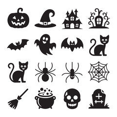 Vector art of a collection of black and white halloween icons featuring spooky elements like ghosts, pumpkins, and haunted houses