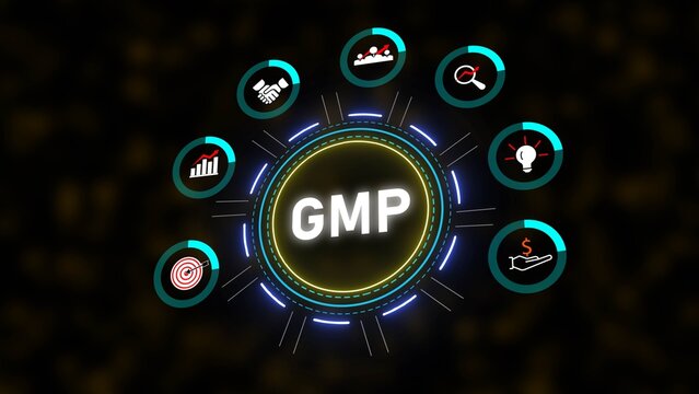 GMP acronym in glowing neon yellow and blue circular interface surrounded by teal icons representing business strategy teamwork research ideas finance and target goals on dark background