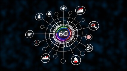 Abstract 6G Network Technology Concept Illustration White Icons Dark Blue Background Circular Diagram Data Security Innovation Growth Progress