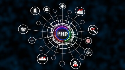 PHP Programming Language Network Diagram Dark Blue Background White Circles Icons Technology Concept
