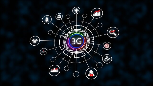 3G Network Technology Circular Diagram White Icons Dark Blue Background image 1