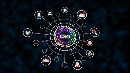 Dark Blue Background CSO Network Diagram White Icons Circular Connections Rainbow Center image