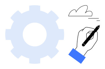 Hand sketching a cloud with a pen beside a large gear, symbolizing creativity, innovation, and collaboration. Ideal for technology, teamwork, engineering, brainstorming, design creativity simple