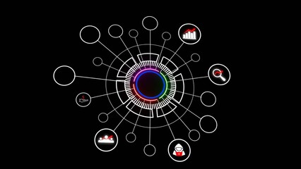 Abstract Network Data Visualization Circular Graphic White Lines Neon Rainbow Core Black Background image