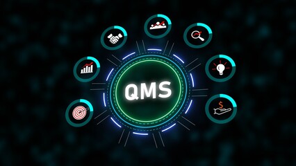 QMS System Digital Interface Neon Green Blue Circles Icons Business Management Technology Dashboard