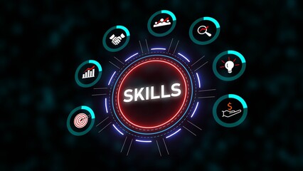 Skills Development Concept Neon Circle Graphic Teal Red White Icons Dark Background Business Technology