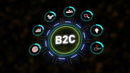 B2C Business Model Concept Neon Green Yellow Teal Blue Circular Graphic Dark Background image