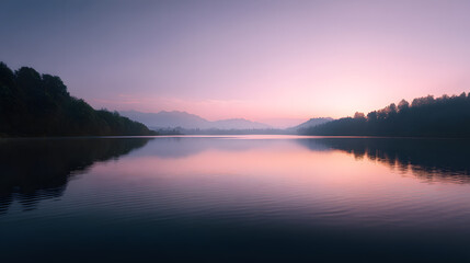 Fototapeta premium Serene Reflection: A tranquil lake reflects the soft hues of a sunrise or sunset, with a blurred silhouette of a forested mountain in the background. It is a calm, beautiful scenic view.