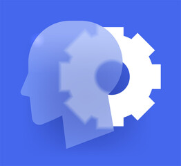Human head with white gear glass morphism icon on blue. Machine mind technology vector symbol