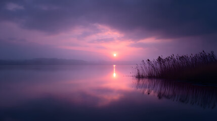 Obraz premium Serene Lake at Sunset: The setting sun casts a breathtaking display of vibrant hues over the tranquil lake, creating a mesmerizing reflection. Peaceful, calm and serene environment.