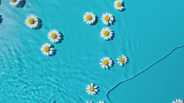 Chamomile flowers swim in blue water texture background on harsh sunlight	