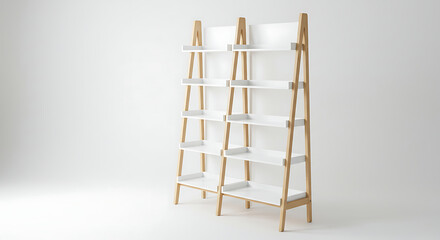 A modern Scandinavian-style ladder bookshelf with a natural light wood frame and clean white shelves, isolated on a bright white studio background. 