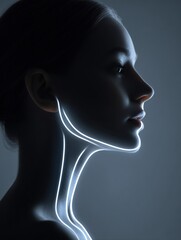Glowing Lines Accentuate Jaw Contour of Young Woman in a Futuristic Skin Care Concept Highlighting Minimal Aesthetics