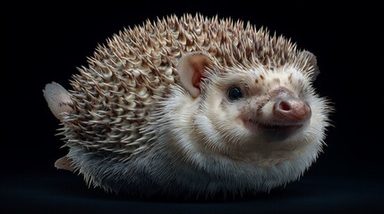 Cute hedgehog revealing spiny defense mechanism, sharp quills contrasting dark backdrop, showcasing mammalian protective strategy