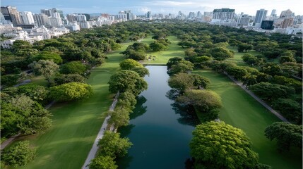 Fototapeta premium Lush golf course features water, trees, and is bordered by houses and commercial spaces, capturing the essence of urban living.