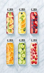 Assortment of Fruit Infused Water Bottles on Marble Surface