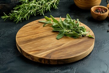 Sage and rosemary on wooden cutting board for culinary herb preparation
