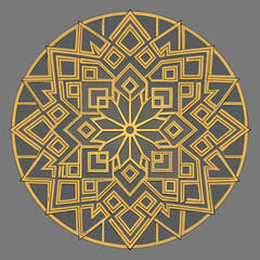 Intricate golden geometric mandala art with square and angular patterns over a neutral gray background