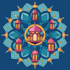 Fototapeta premium Ornate islamic design featuring mosque architecture and traditional lanterns on a mandala background