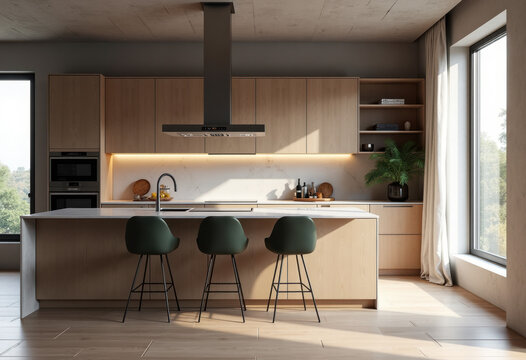 Front view of elegant interior with gray drawers under kitchen cabinet. empty wooden table and marble countertop in room. modern equipment for cooking. well organized space for storage food products