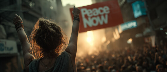 Asian woman raising arms in protest holding 'Peace Now' sign  