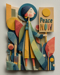 Asian woman holding a sign with the message ‘Peace Now’ in colorful setting  