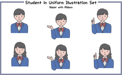制服姿の学生 イラストセット3-2 (ジャケット&リボン) / Student in Uniform, Character Pose Set