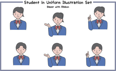 制服姿の学生 イラストセット3-3 (ジャケット&リボン) / Student in Uniform, Character Pose Set