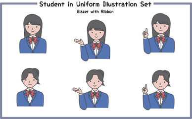 制服姿の学生 イラストセット3-5 (ジャケット&リボン) / Student in Uniform, Character Pose Set