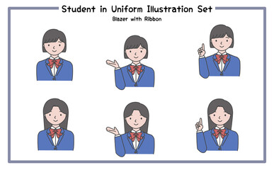 制服姿の学生 イラストセット3-1 (ジャケット&リボン) / Student in Uniform, Character Pose Set