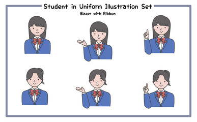 制服姿の学生 イラストセット3-5 (ジャケット&リボン) / Student in Uniform, Character Pose Set