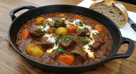 An iron serving pan of goulash with fresh bread on a restaurant table