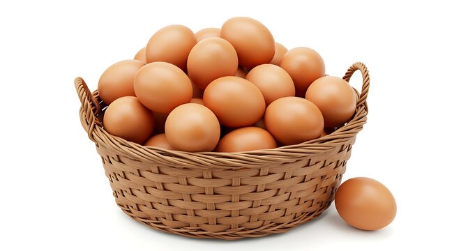 Basket overflowing with fresh brown eggs isolated on white background