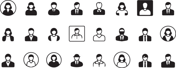 User icon vector set featuring diverse people, including men and women in business attire. Collection of simple glyphs for profiles, avatars, and contacts.