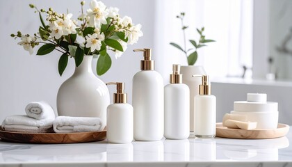 Elegant Bathroom Still Life with Floral Arrangement and Spa Essentials
