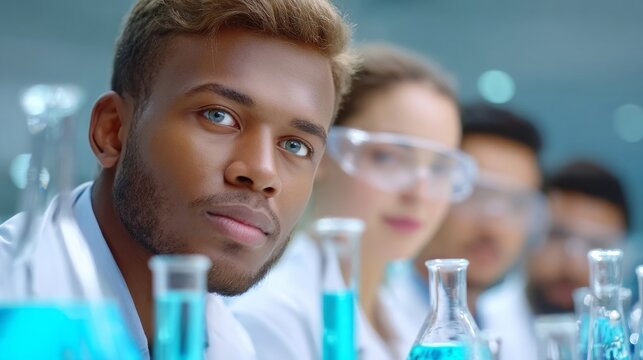 Diverse team of male scientists examining microbiomes in laboratory scientific research collaborative environment innovative microbiology concepts