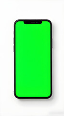 A modern smartphone with a chroma key green screen display, isolated on a white background. Technology and communication concept for mockups.