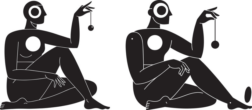 Two silhouetted figures sitting and holding a pendulum, suggesting hypnosis or meditation isolated on white background